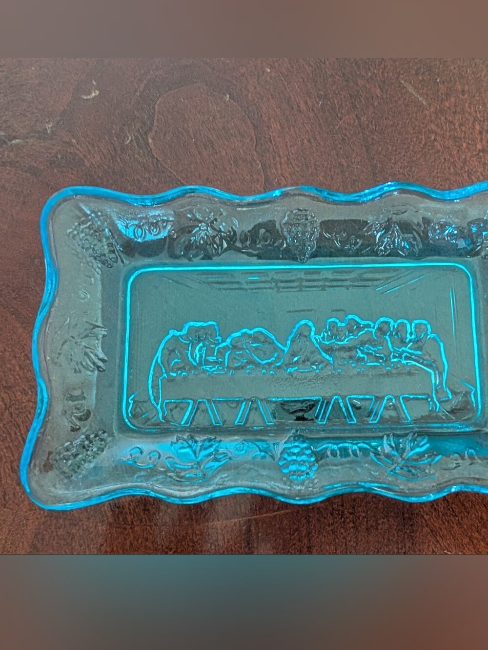 Indiana Glass Aqua Blue Scalloped Oblong Last Supper Trinket Dish 5-1/2"
